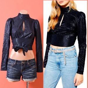 TOPSHOP Foil Tie Back Navy Metallic Blouse Holliday 6